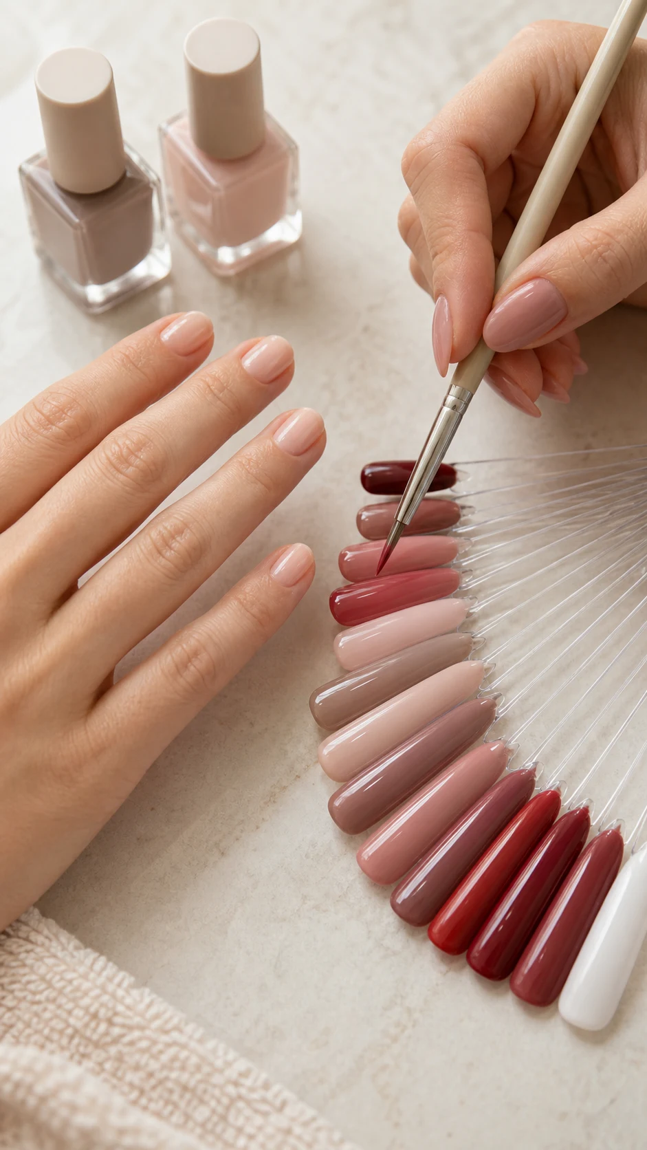 Client comparing refined nail polish shades during an Ongles Pro colour consultation