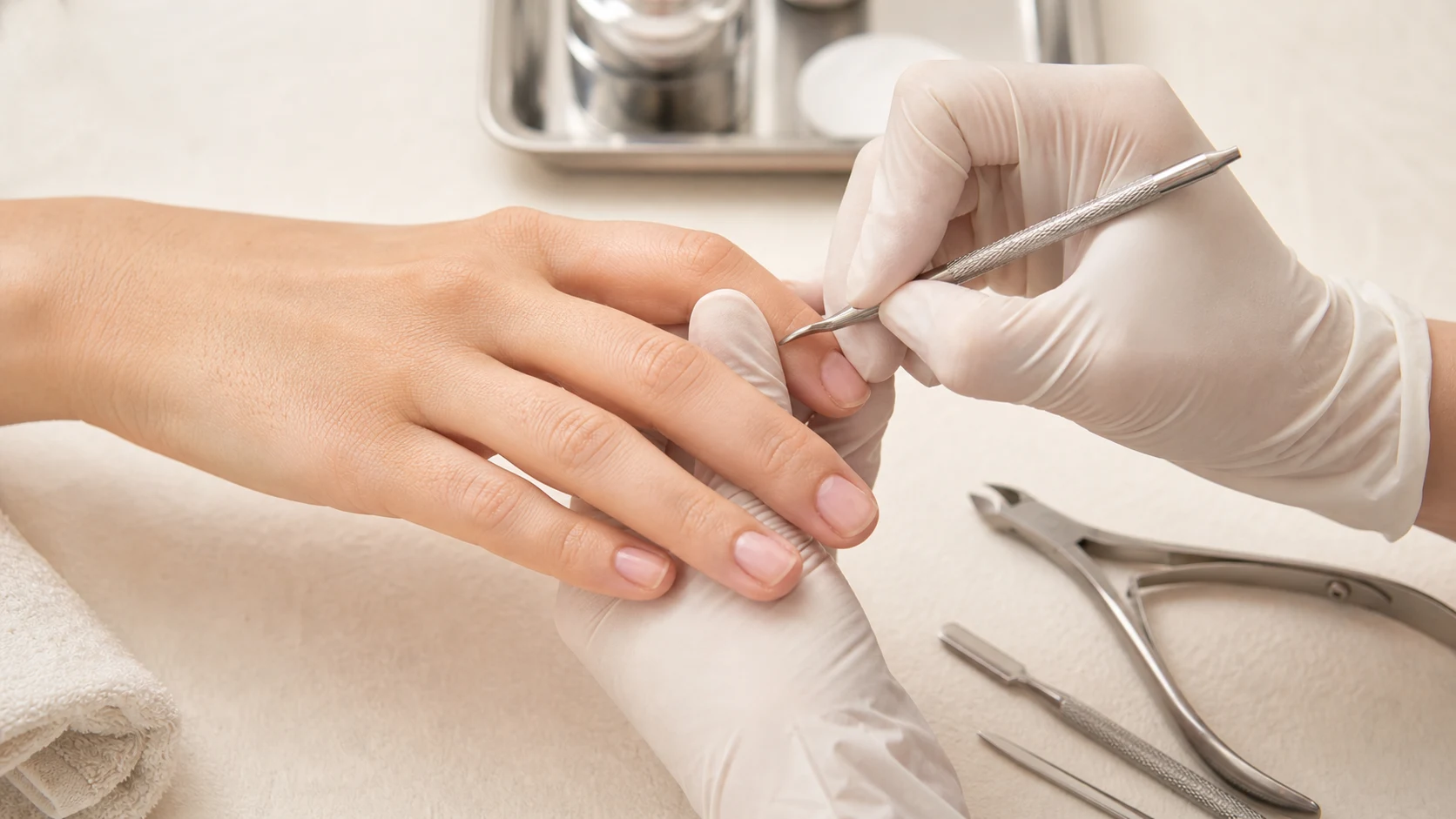 Ongles Pro technician carefully preparing a client’s natural nails and cuticles